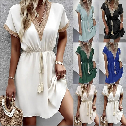 Elegant Women's White Dresses 2024 Summer Solid Short Sleeve Lace V-Neck Waistband Female Beach Midi Dress