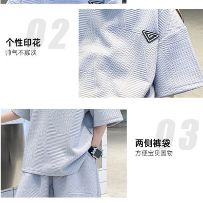 Kids Clothes Boys Summer Jacquard Weave T-Shirt & Shorts 2 Pieces Set Teenage Boy Ventilate Tracksuit Stereoscopic Lines Outfit