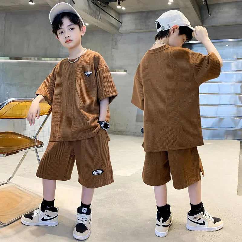 Kids Clothes Boys Summer Jacquard Weave T-Shirt & Shorts 2 Pieces Set Teenage Boy Ventilate Tracksuit Stereoscopic Lines Outfit