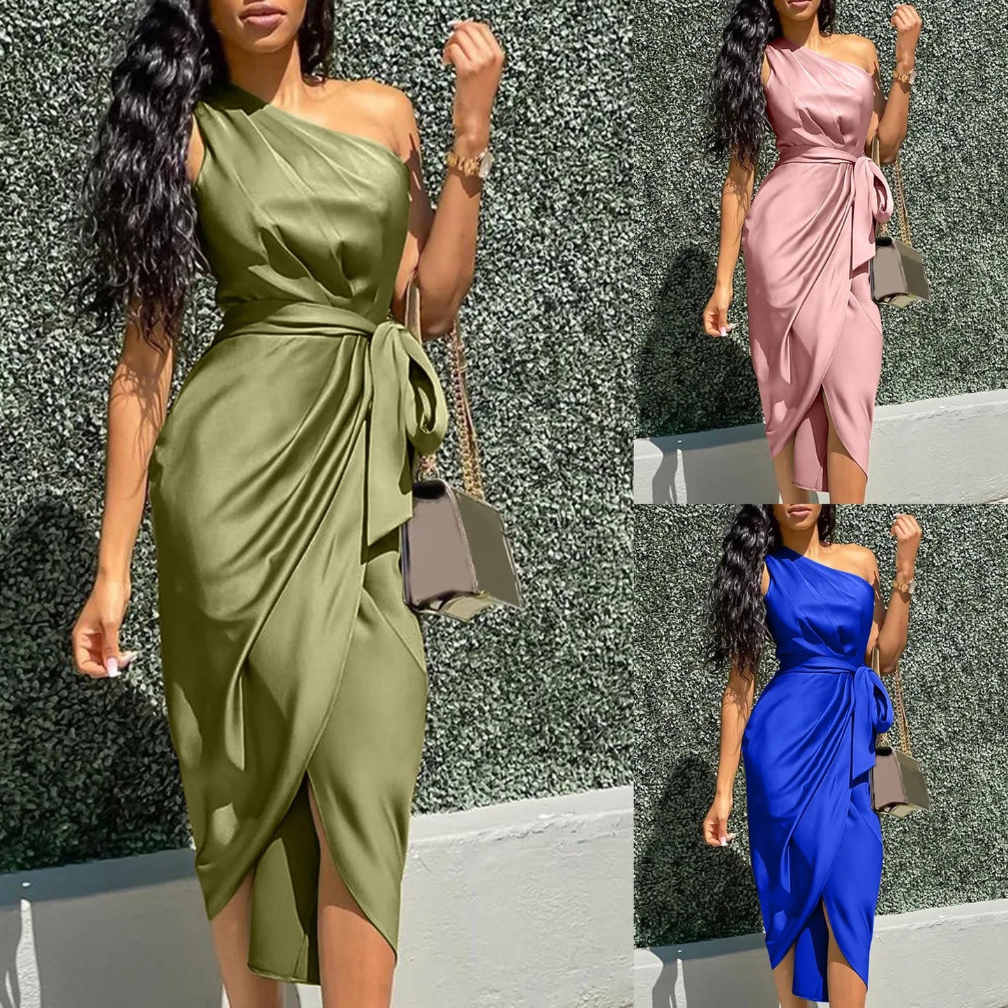 Summer Dresses Women Sexy One Shoulder Satin Asymmetrical Ruched Midi Evening Party