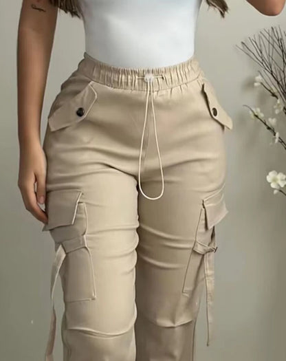 Women's Cargo Spring Fashion Street Pocket Design Drawstring Cuffed Pants Daily Casual Plain Long Pants