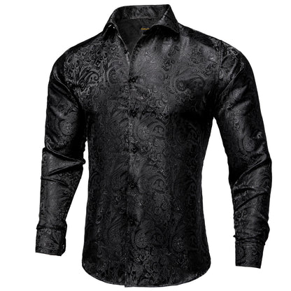 Black Paisley Silk Tuxedo Social Shirt Luxury Designer Men Clothing