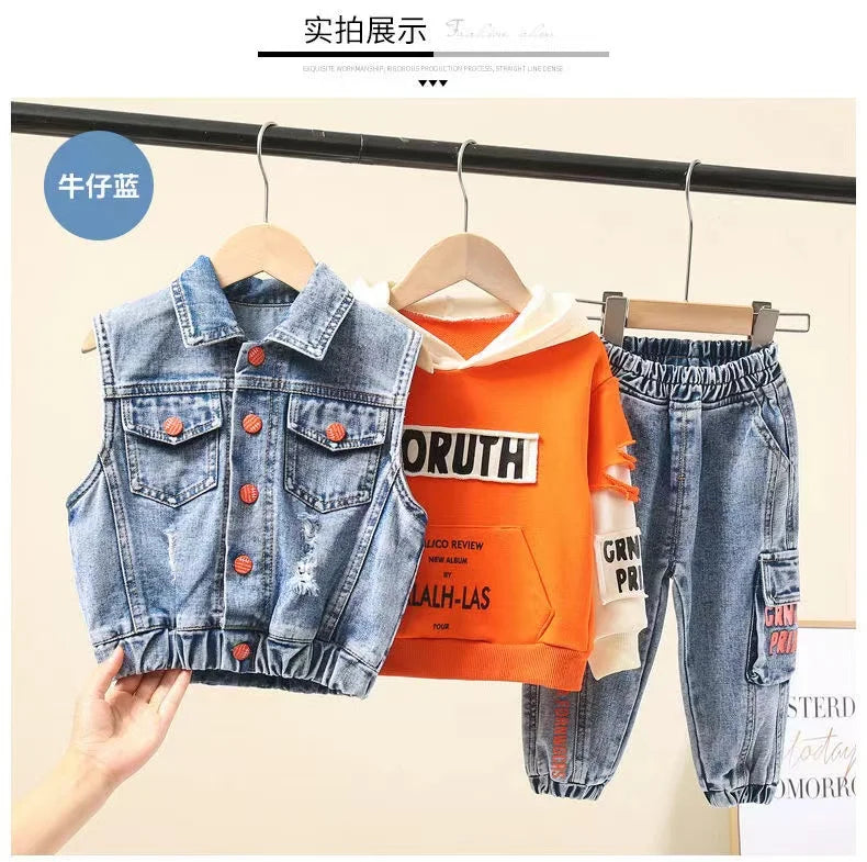 Casual Spring Autumn Baby Boys Girls Outfits Suit Children Denim Vest Hoodie Jeans 3Pcs Boys Sets Children Sets 1-7Y