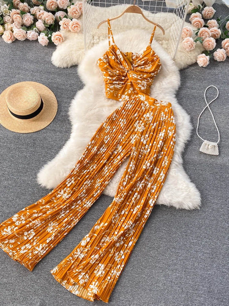 Summer Women Sexy Printed Two Piece Set Beach Female Strap Camis