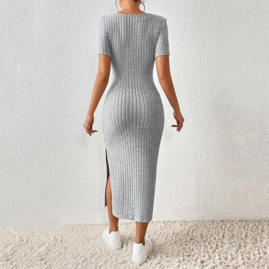 Solid Color Square Neckline Dress Elegant Square Neck Knitted Midi Dress for Women Solid Color Party Commute Dress with Short