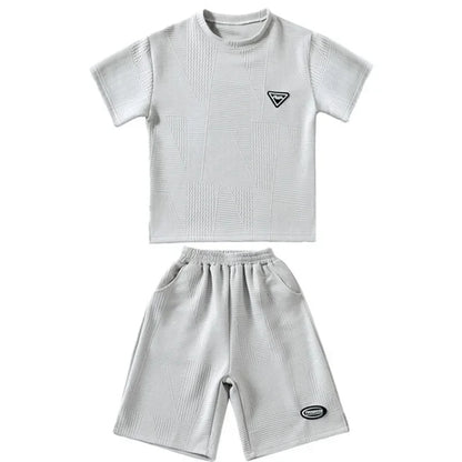 Kids Clothes Boys Summer Jacquard Weave T-Shirt & Shorts 2 Pieces Set Teenage Boy Ventilate Tracksuit Stereoscopic Lines Outfit