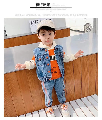 Casual Spring Autumn Baby Boys Girls Outfits Suit Children Denim Vest Hoodie Jeans 3Pcs Boys Sets Children Sets 1-7Y