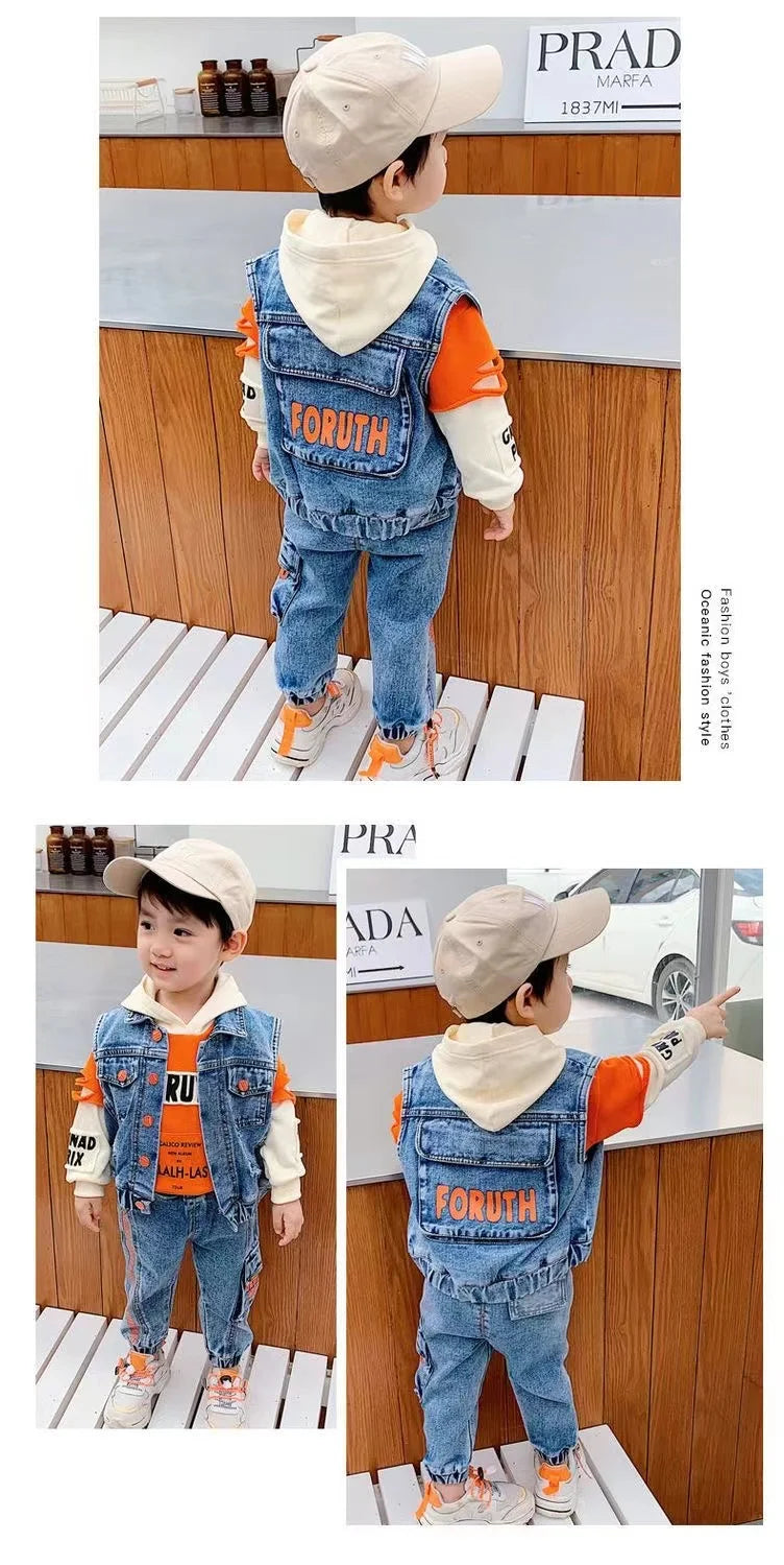 Casual Spring Autumn Baby Boys Girls Outfits Suit Children Denim Vest Hoodie Jeans 3Pcs Boys Sets Children Sets 1-7Y