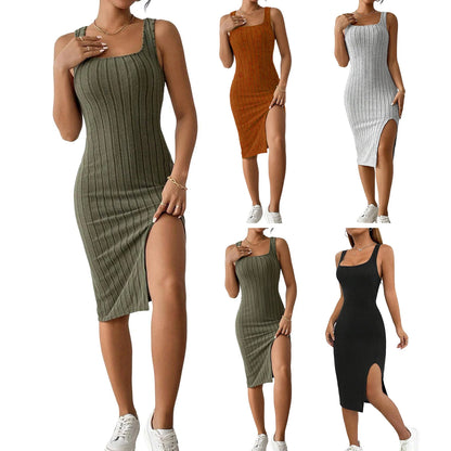 Solid Color Square Neckline Dress Elegant Square Neck Knitted Midi Dress for Women Solid Color Party Commute Dress with Short