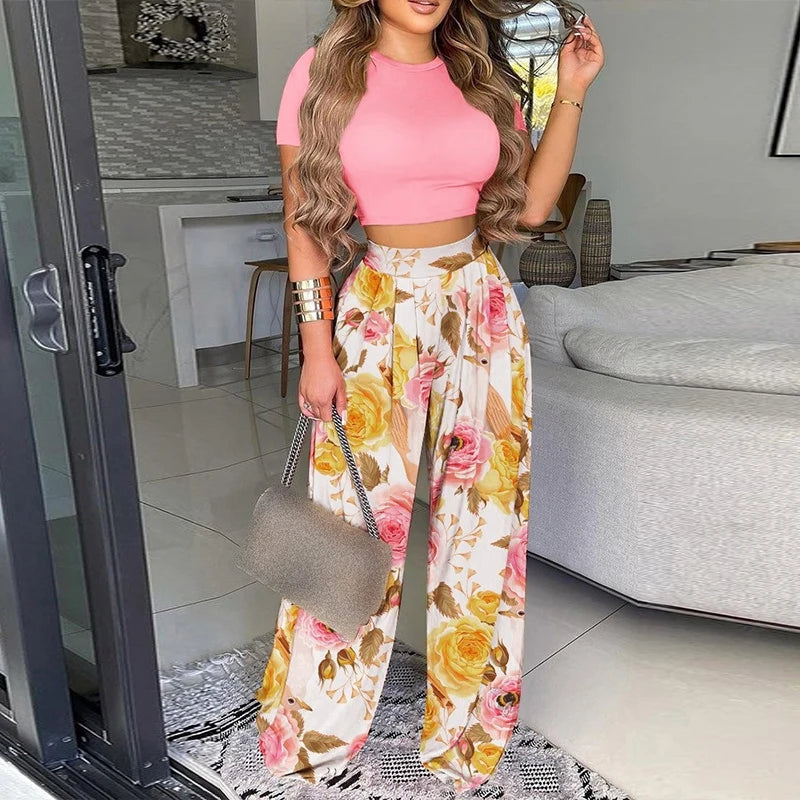 Summer Women Two Piece Sets Elegant Print Office Lady Outfits Elegant Neck Short Sleeve Shirt Pullover + Wide Leg Pants Suits