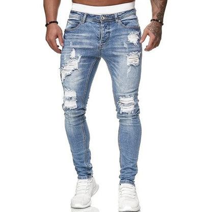 Street Style Ripped Skinny Jeans Men Vintage wash Solid Casual Slim fit