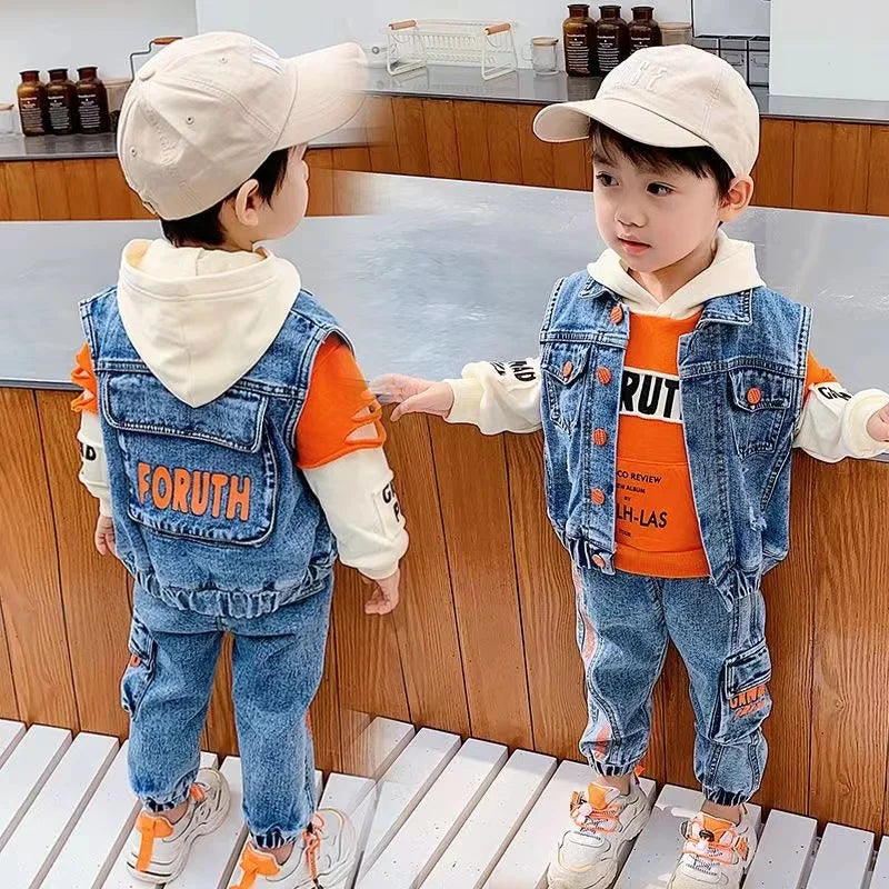 Casual Spring Autumn Baby Boys Girls Outfits Suit Children Denim Vest Hoodie Jeans 3Pcs Boys Sets Children Sets 1-7Y