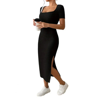 Solid Color Square Neckline Dress Elegant Square Neck Knitted Midi Dress for Women Solid Color Party Commute Dress with Short