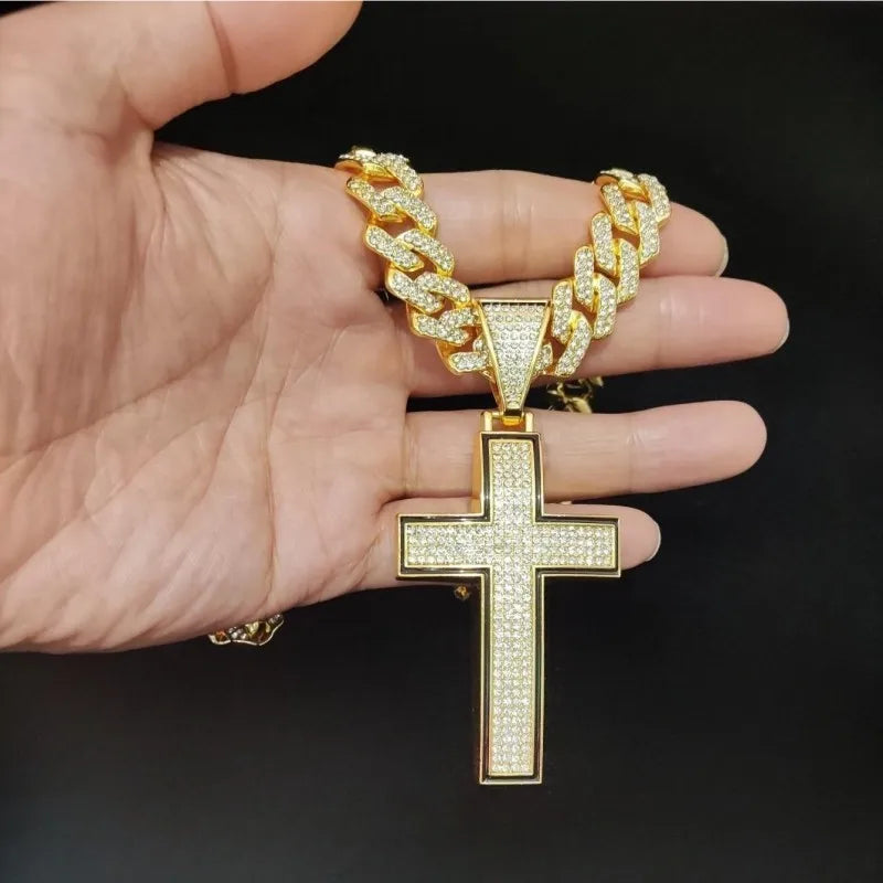 Men Women Hip Hop Cross  Pendant Necklace with 14mm Cuban Chain Iced out pendants Necklaces Fashion Punk Jewelry Gifts