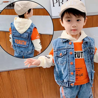 Casual Spring Autumn Baby Boys Girls Outfits Suit Children Denim Vest Hoodie Jeans 3Pcs Boys Sets Children Sets 1-7Y