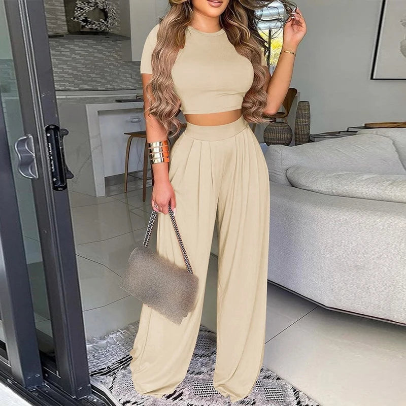 Summer Women Two Piece Sets Elegant Print Office Lady Outfits Elegant Neck Short Sleeve Shirt Pullover + Wide Leg Pants Suits