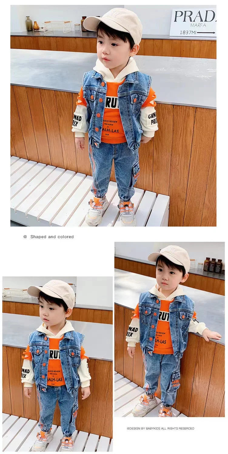 Casual Spring Autumn Baby Boys Girls Outfits Suit Children Denim Vest Hoodie Jeans 3Pcs Boys Sets Children Sets 1-7Y