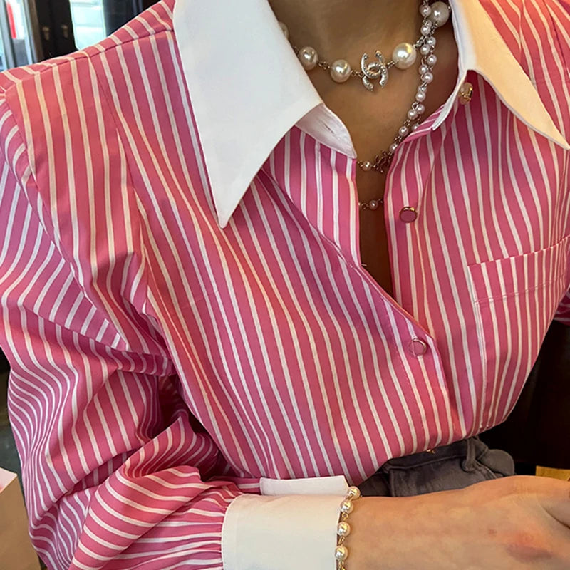 Striped Red Fashion Turn Down Collar Office Ladies Tops Long Sleeve