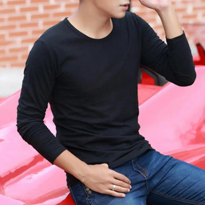 Long Sleeve Spring Autumn Tops Men's T-shirt O-neck Solid Elastic Pullover