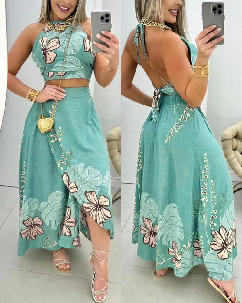 Two Piece Set Women 2024 Palm Leaf Floral Print Backless