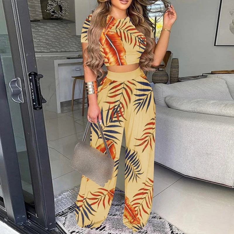 Summer Women Two Piece Sets Elegant Print Office Lady Outfits Elegant Neck Short Sleeve Shirt Pullover + Wide Leg Pants Suits