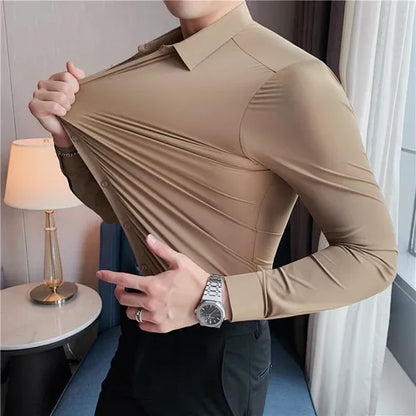 High Elasticity Seamless Shirts Men Long Sleeve Top Quality Slim Casual Luxury