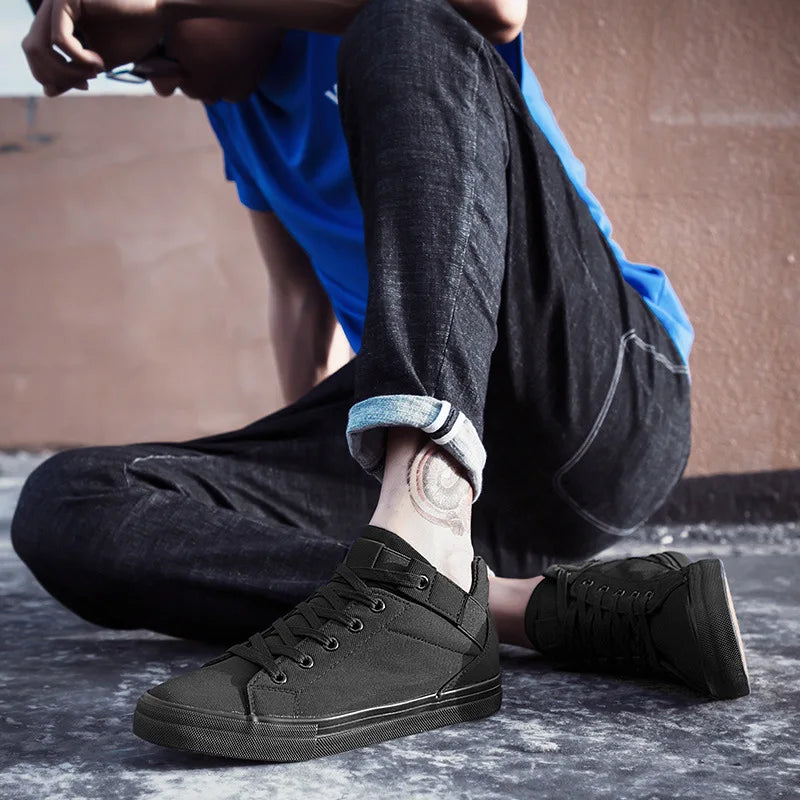 2024 Black Sneakers Men Canvas Shoes Height Increasing 3cm Cool Young Man Footwear Breathable Cloth Mens Casual Shoes