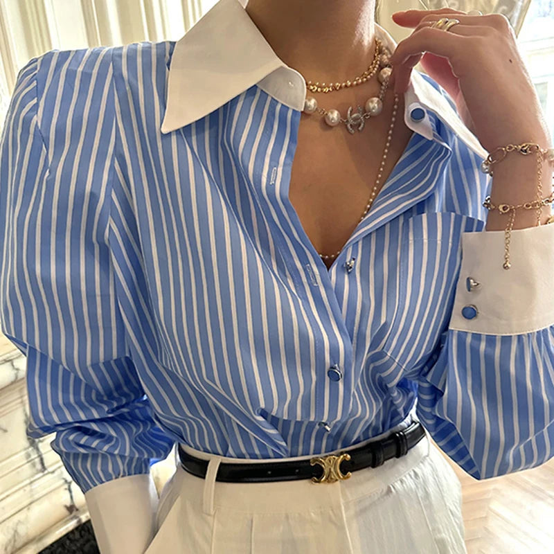 Striped Red Fashion Turn Down Collar Office Ladies Tops Long Sleeve