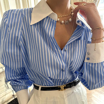 Striped Red Fashion Turn Down Collar Office Ladies Tops Long Sleeve