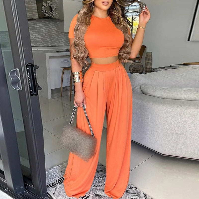 Summer Women Two Piece Sets Elegant Print Office Lady Outfits Elegant Neck Short Sleeve Shirt Pullover + Wide Leg Pants Suits