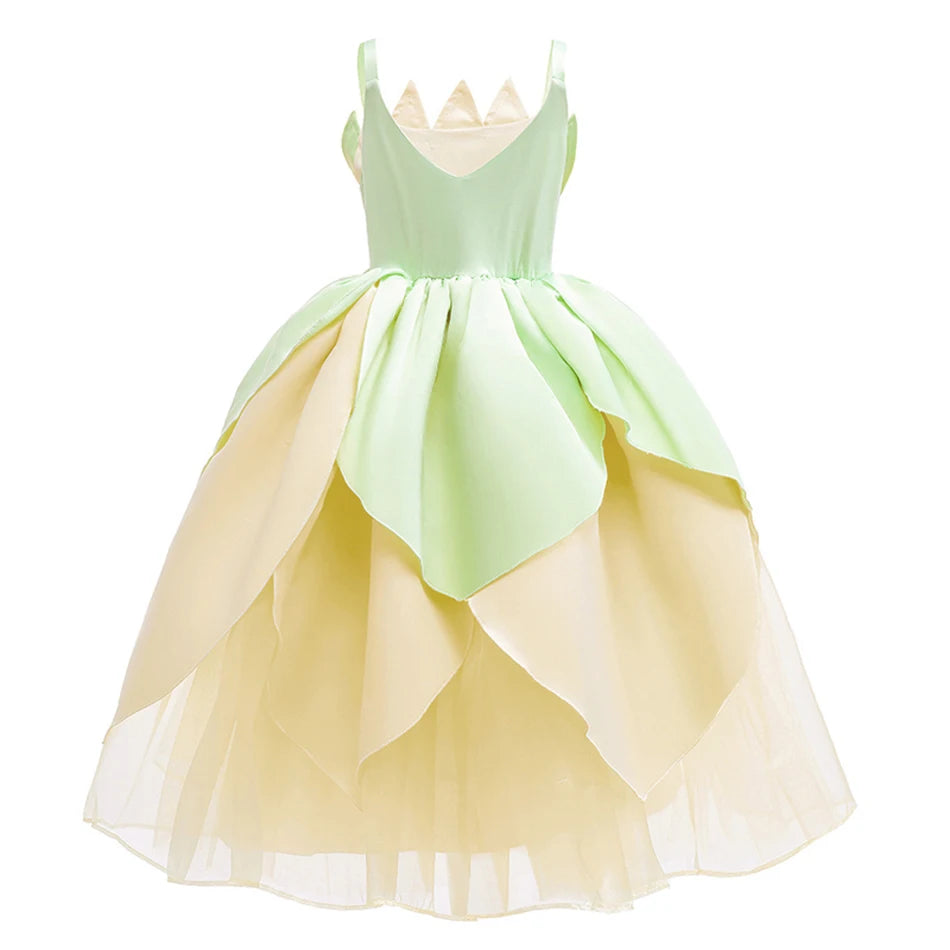 Kids Girl Tiana Dress for Girls Birthday Party Halloween Ball Gowns Evening Birthday Fancy Layered Costume Floral Fairy Clothing