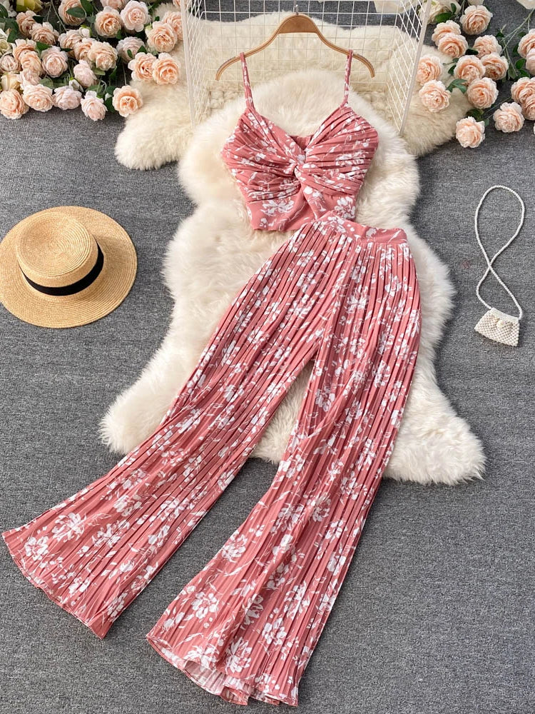 Summer Women Sexy Printed Two Piece Set Beach Female Strap Camis