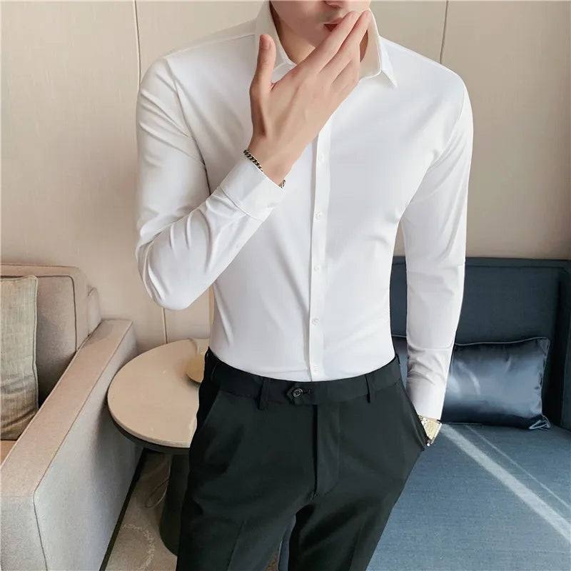 High Elasticity Seamless Shirts Men Long Sleeve Top Quality Slim Casual Luxury