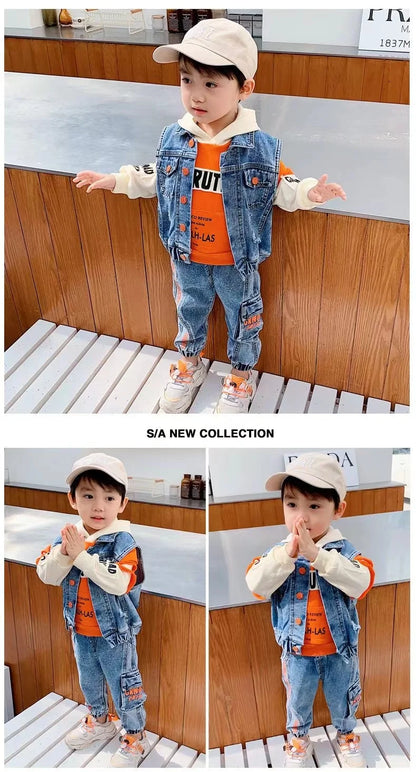 Casual Spring Autumn Baby Boys Girls Outfits Suit Children Denim Vest Hoodie Jeans 3Pcs Boys Sets Children Sets 1-7Y