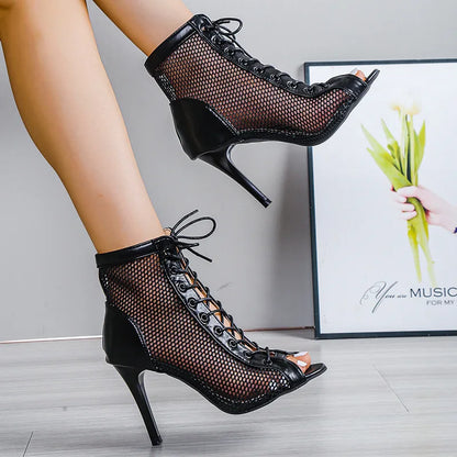 high heels Hollow-net sandals Summer fashion trend Comfortable open-toe boots stiletto Jazz dancer shoes