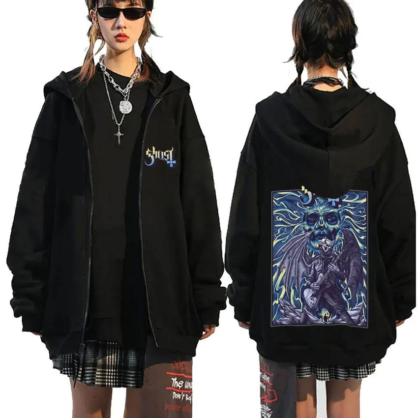 Ghost Band Zipper Hoodie Men Hip Hop Oversized Fashion Cartoon Anime Graphic Print Zip Up Hoodies Male Rock Gothic Sweatshirts