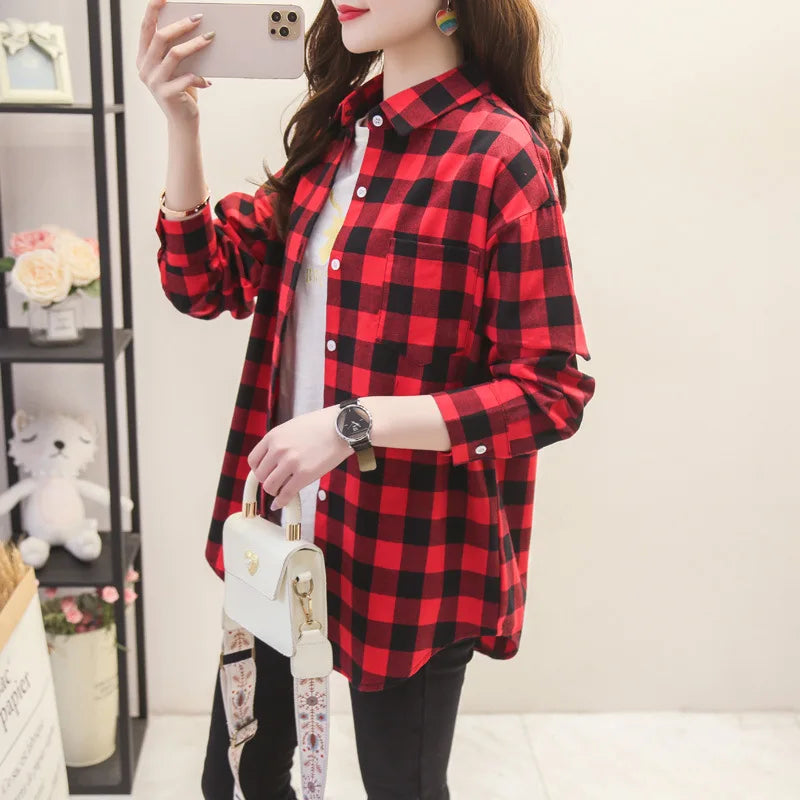 Plaid Shirt New Boutique Ladies Loose Blouse