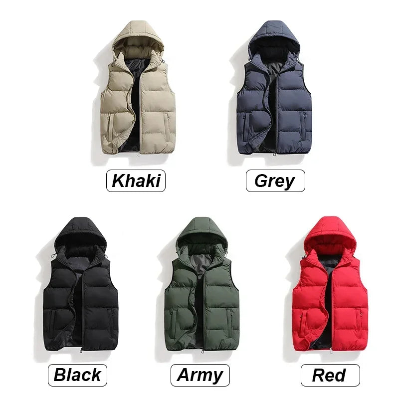 Winter Thicken Cotton Vests Jacket Coat Men Warm Detachable Hat Outwear