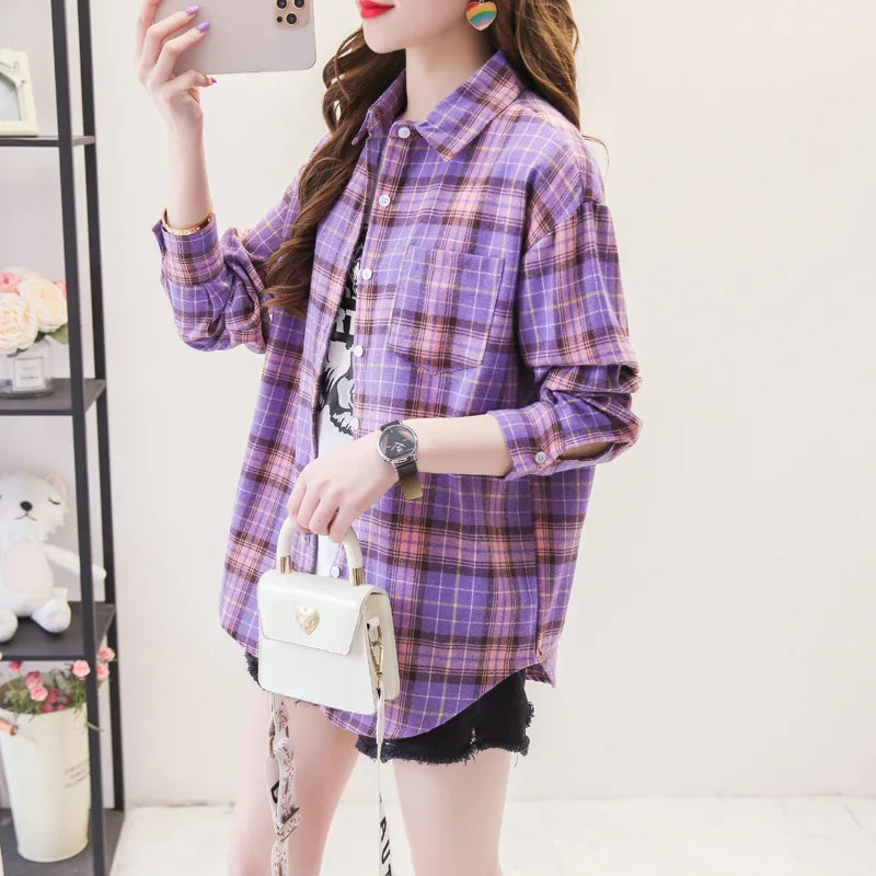 Plaid Shirt New Boutique Ladies Loose Blouse