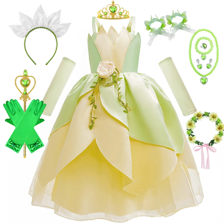 Kids Girl Tiana Dress for Girls Birthday Party Halloween Ball Gowns Evening Birthday Fancy Layered Costume Floral Fairy Clothing