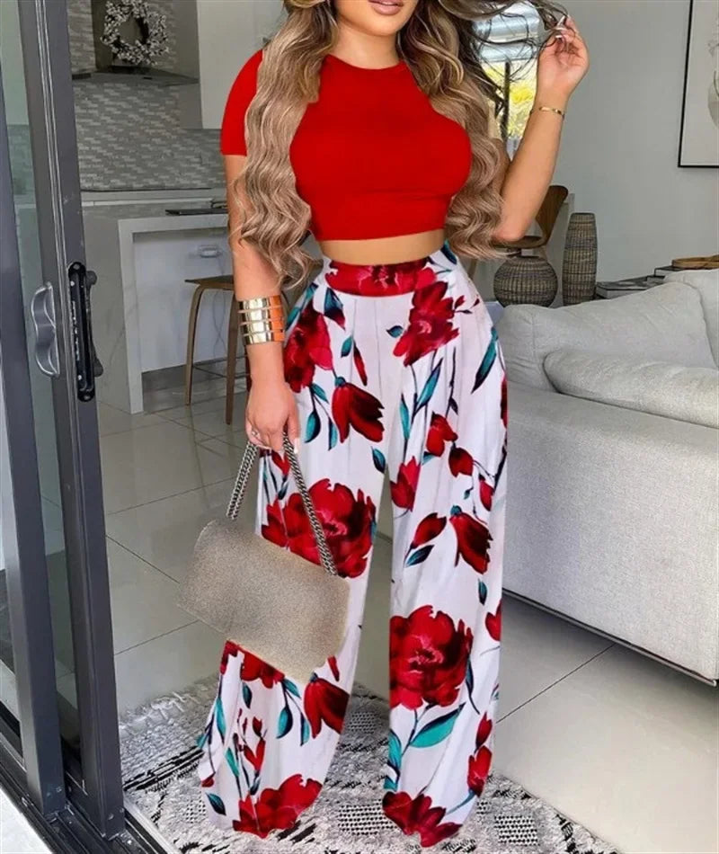 Print Pant Sets Two Piece Suit Round Neck Short Sleeve