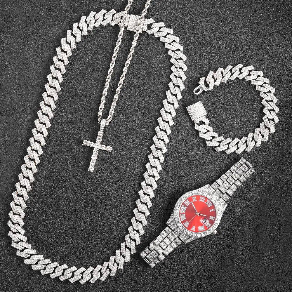 16mm Hip Hop Miami Cuban Link Chain Set Necklace +Watch+Bracelet Creative Iced