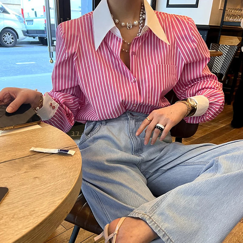 Striped Red Fashion Turn Down Collar Office Ladies Tops Long Sleeve