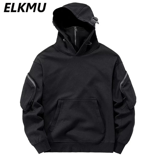 Streetwear Hoodies Hip Hop Sweatshirts High Neck Mask Windproof Pullovers Dark Black