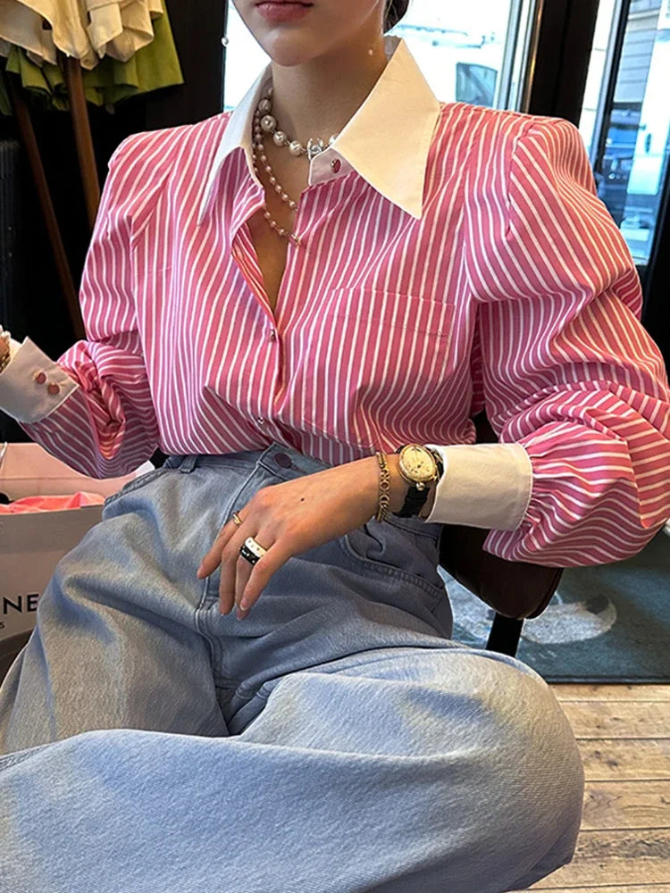 Striped Red Fashion Turn Down Collar Office Ladies Tops Long Sleeve