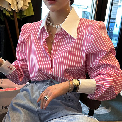 Striped Red Fashion Turn Down Collar Office Ladies Tops Long Sleeve