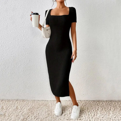 Solid Color Square Neckline Dress Elegant Square Neck Knitted Midi Dress for Women Solid Color Party Commute Dress with Short