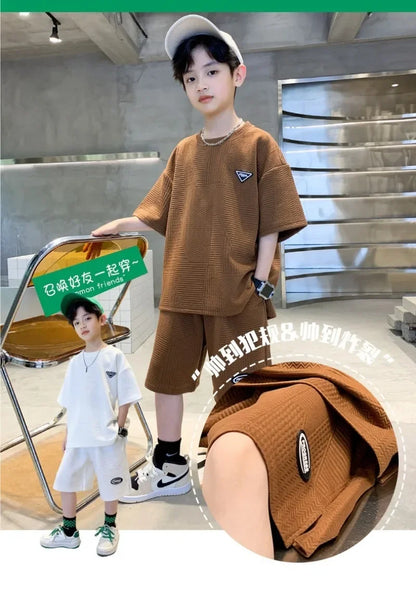 Kids Clothes Boys Summer Jacquard Weave T-Shirt & Shorts 2 Pieces Set Teenage Boy Ventilate Tracksuit Stereoscopic Lines Outfit