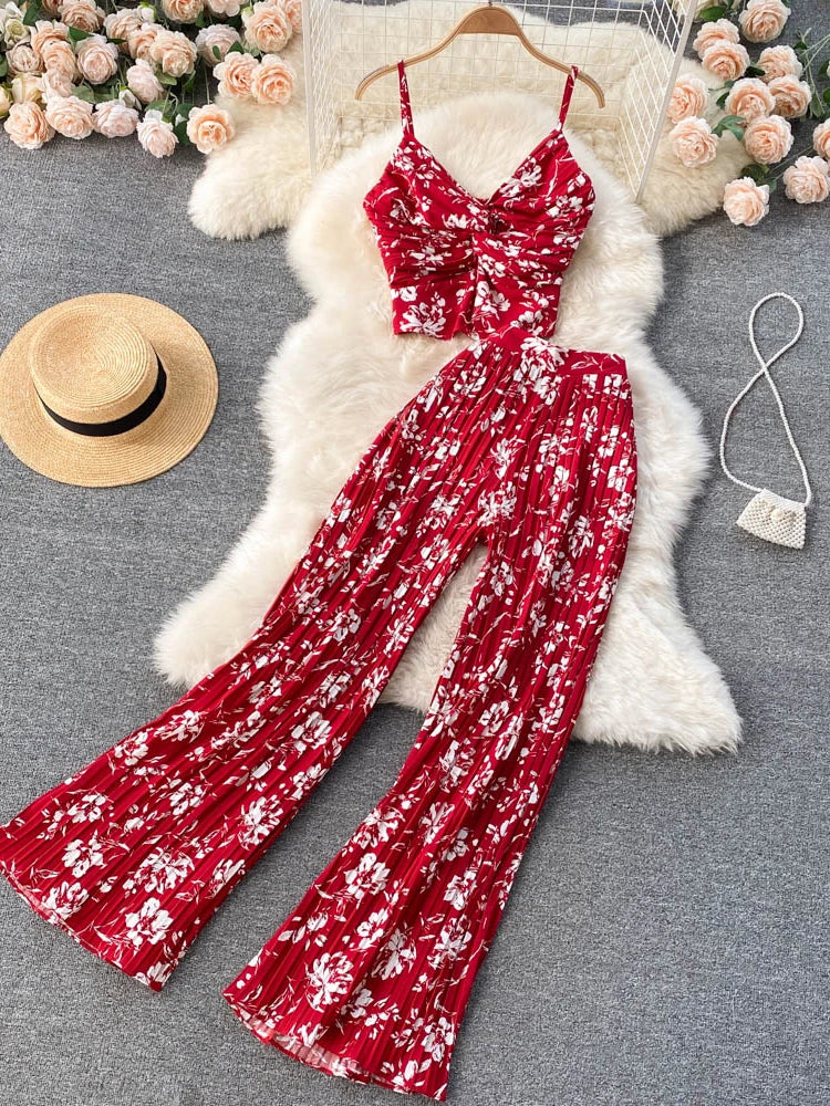 Summer Women Sexy Printed Two Piece Set Beach Female Strap Camis