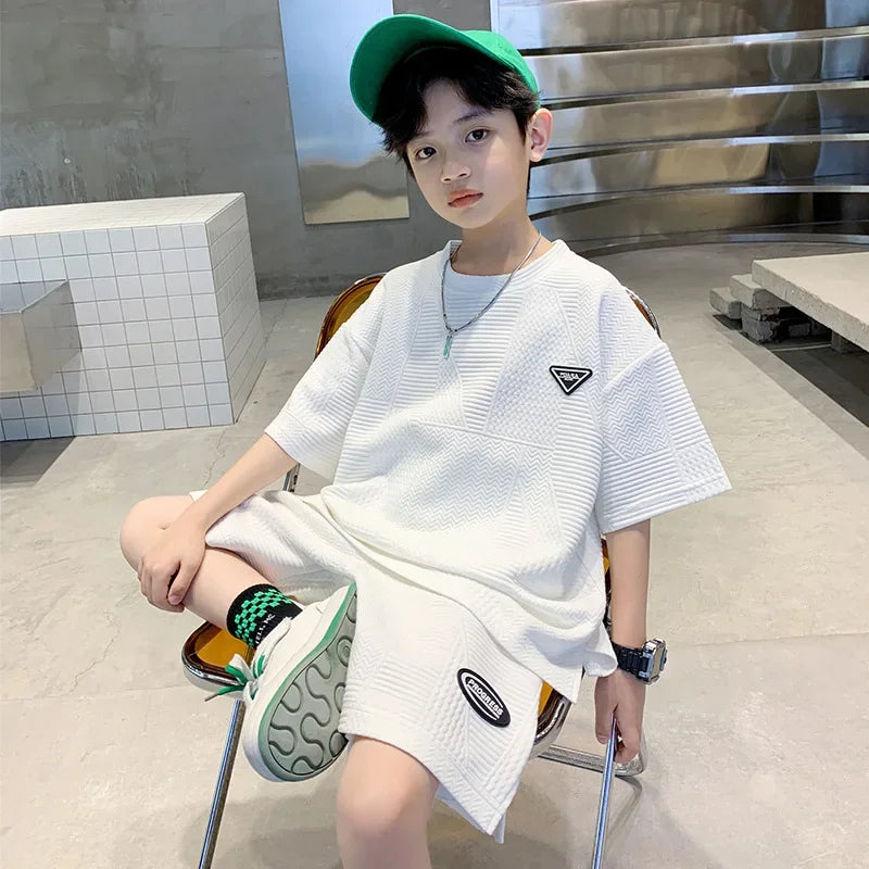 Kids Clothes Boys Summer Jacquard Weave T-Shirt & Shorts 2 Pieces Set Teenage Boy Ventilate Tracksuit Stereoscopic Lines Outfit